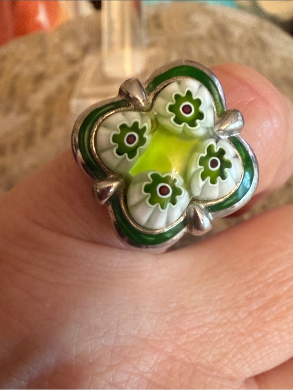 Green Clover millifiore Enamel Statement Ring -alan K,size 6 great condition, SS